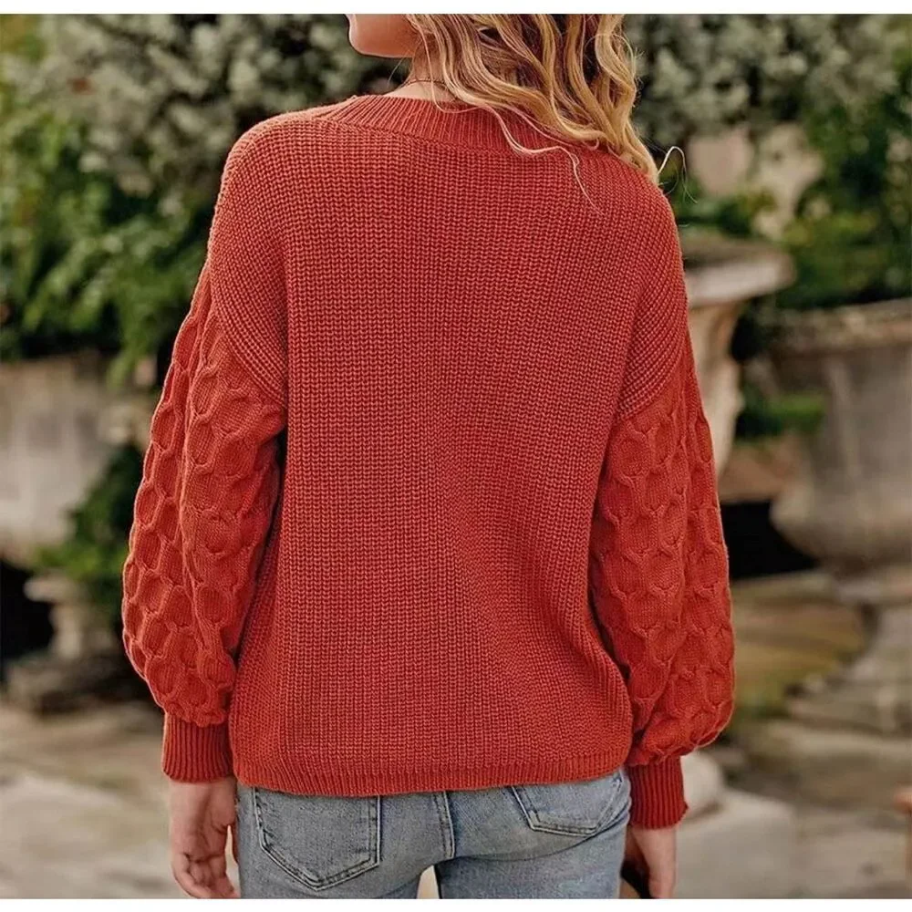Pretty Garden Womens Cable Knit Sleeve Ribbed Pullover Sweater‎ Rust Small NWT